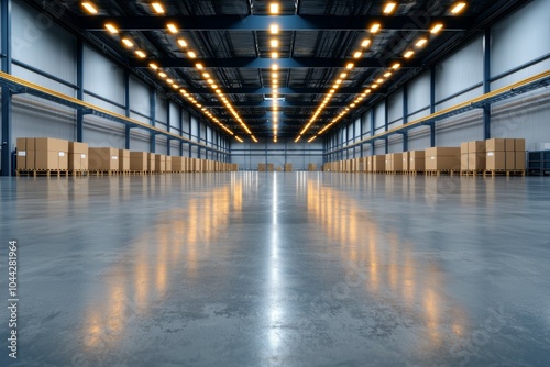 A large warehouse with many boxes and a lot of light