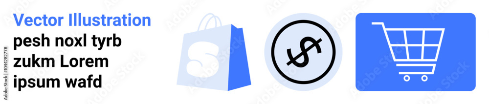 Three icons for shopping and finance in blue and black colors. One shows a shopping bag, another a dollar sign and the last icon is a shopping cart. Ideal for e-commerce, online shopping, retail Three icons for shopping and finance in blue and black colors. One shows a shopping bag, another a dollar sign and the last icon is a shopping cart. Ideal for e-commerce, online shopping, retail
