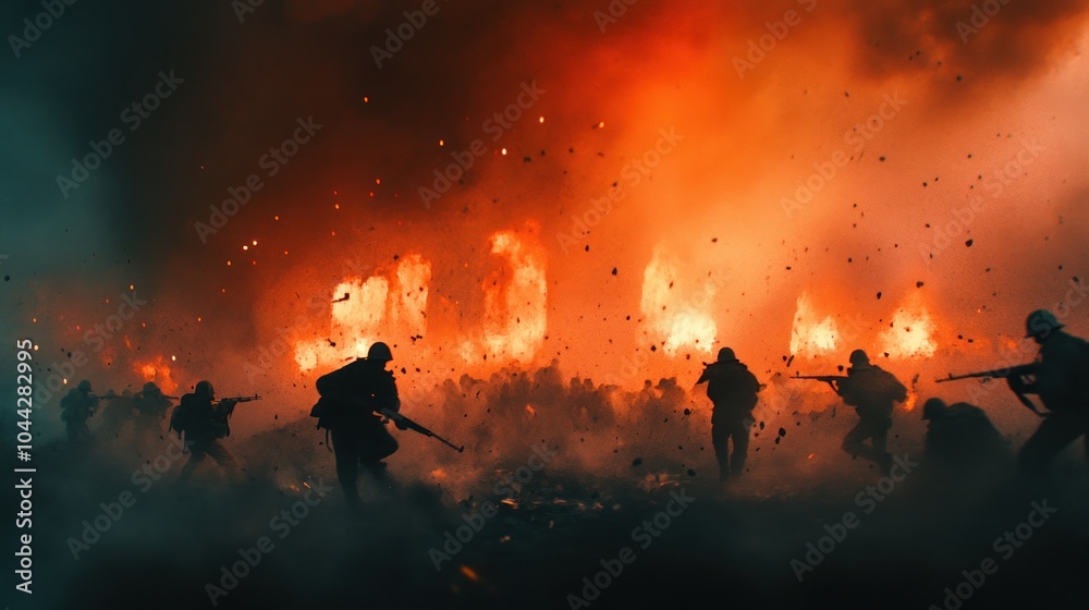Fototapeta premium Soldiers in the midst of a fiery battle