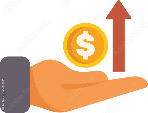 Businessman is holding a growing coin with an upward arrow, symbolizing financial success and investment growth