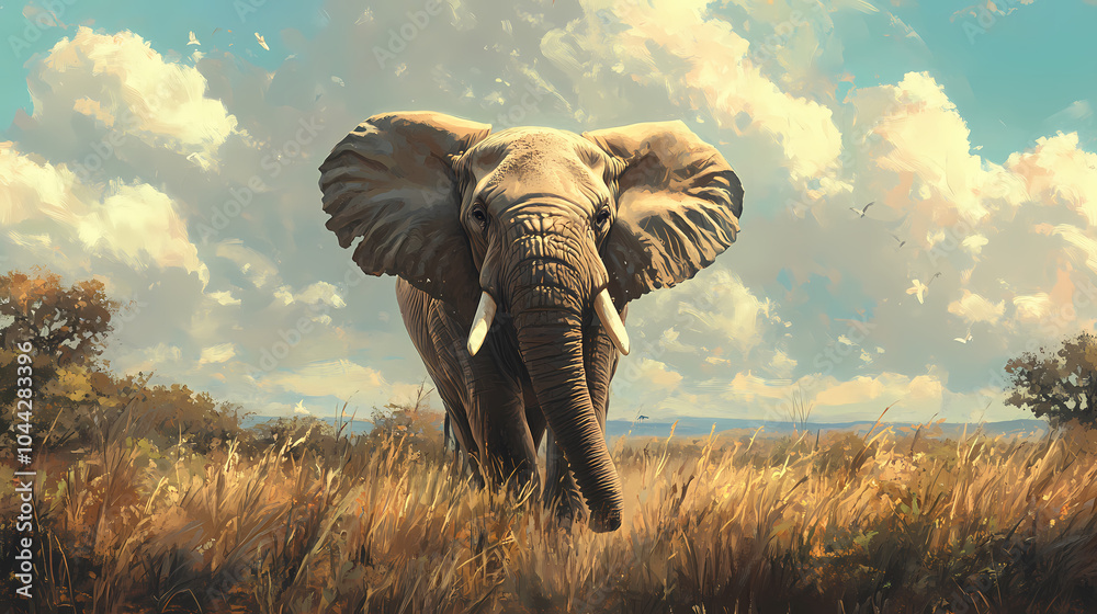 Fototapeta premium Majestic african elephant standing tall in savannah habitat. Titanic Behemoth. Illustration