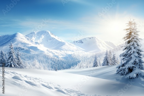 A snowy mountain range with a bright sun shining on a tree