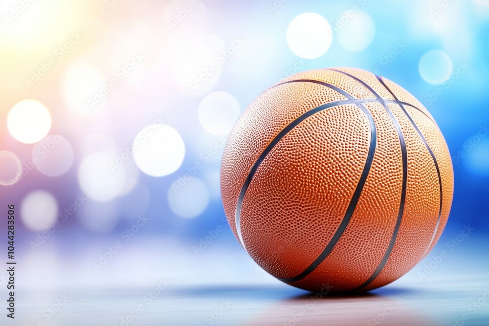 A basketball is sitting on a wooden surface A basketball is sitting on a wooden surface