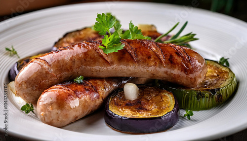 Baked Pork Sausages with Eggplant and Leek Presented on a White Plate