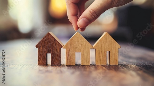 Hand Arranging Three Wooden Houses on a Table Symbolizing Real Estate and Property Investment