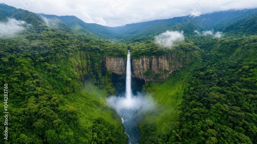 Majestic Waterfall Plunging into Misty Valley