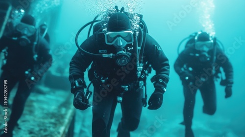 Divers Exploring a Submerged Bridge Structure photo