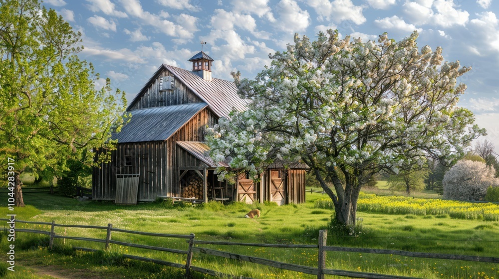 Rustic Barn with Blossoming Tree