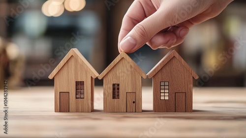 Hand Arranging Three Wooden Houses on a Table Symbolizing Real Estate and Property Investment