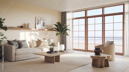 Coastal Beach Minimalist living room with large windows overlooking the ocean.
