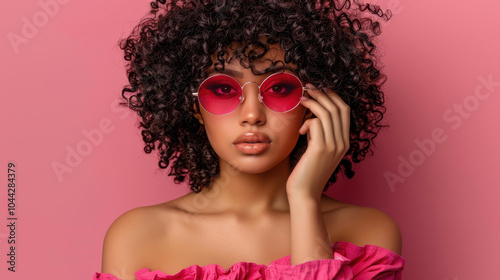 A stunning black woman showcases her vibrant style with colorful pink sunglasses, perfect for a sunny summer day.