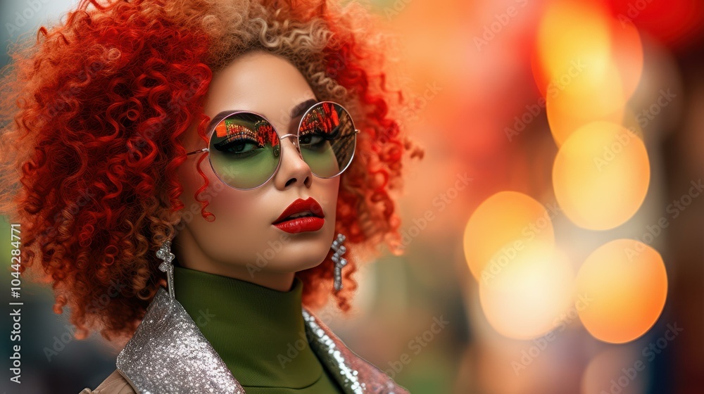 Obraz premium Vivid closeup of a womans face featuring neon reflections on her shades, bright makeup, and dazzling glitter.
