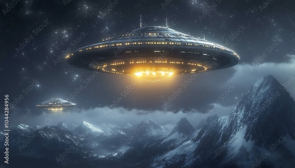 A large, glowing UFO is hovering in the sky over an alien landscape. The spaceship has multiple lights, and its shape resembles that of a flying saucer with round edges A large, glowing UFO is hovering in the sky over an alien landscape. The spaceship has multiple lights, and its shape resembles that of a flying saucer with round edges