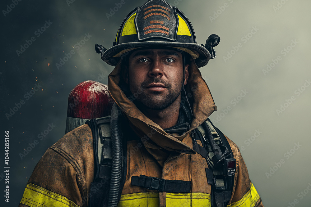 Fototapeta premium Firefighter in Full Gear with Smoke Background