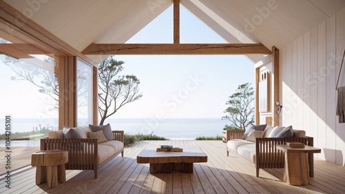 Coastal Beach Minimalist living room with wooden furniture overlooking the ocean.