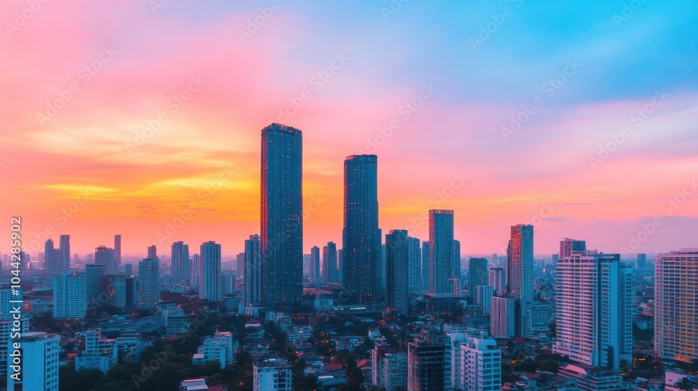 Fototapeta premium Stunning Bangkok Skyline at Dusk with Illuminated Skyscrapers