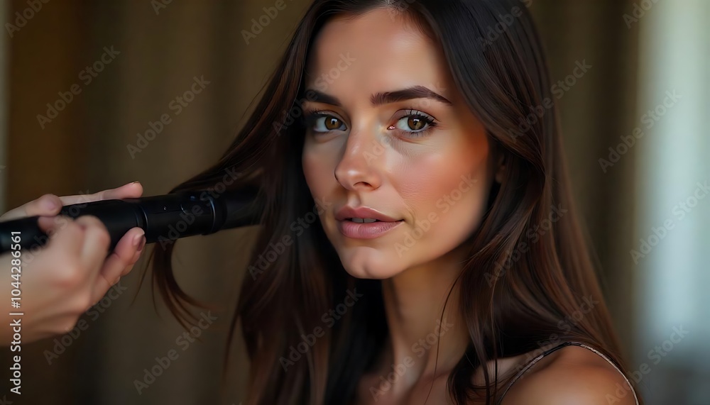 portrait of beautiful young woman styling her hair with a hair straightening iron, modern flat iron, lifestyle concept, created with generative ai portrait of beautiful young woman styling her hair with a hair straightening iron, modern flat iron, lifestyle concept, created with generative ai