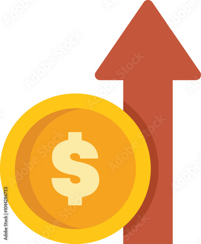 Large gold coin with a red arrow pointing up behind it representing economic growth