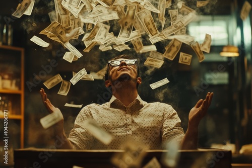 A wealthy man surrounded by flying paper dollars, symbolizing abundance and prosperity photo