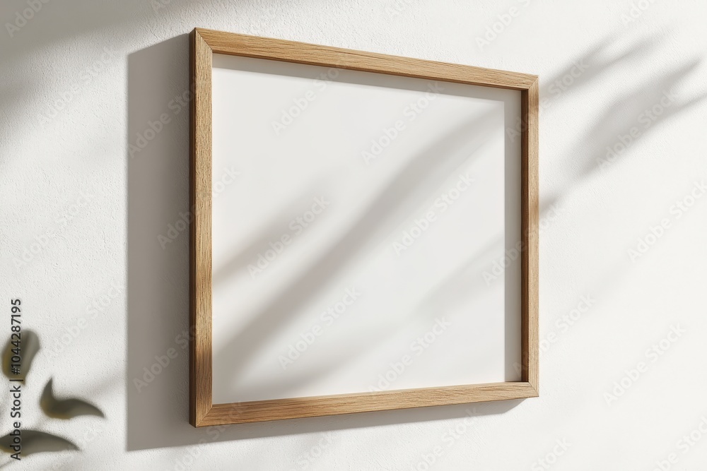 Empty Wooden Frame on White Wall with Sunbeams Empty Wooden Frame on White Wall with Sunbeams