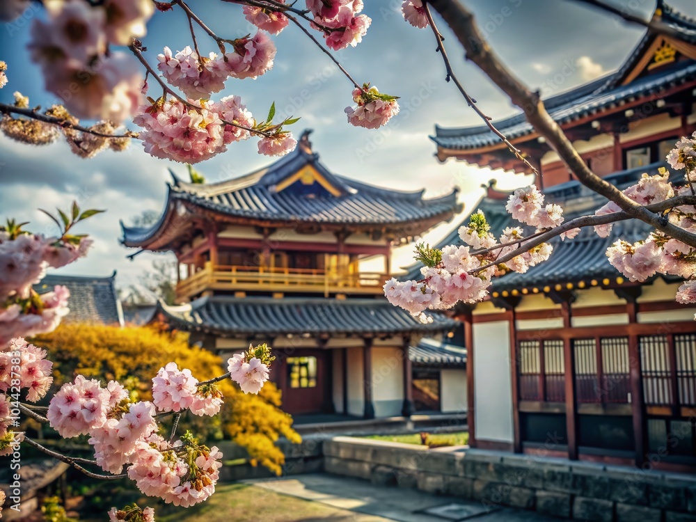 Fototapeta premium Escape to Romancelandia: Architectural Beauty Under Cherry Blossoms for Timeless Wallpaper Backgrounds