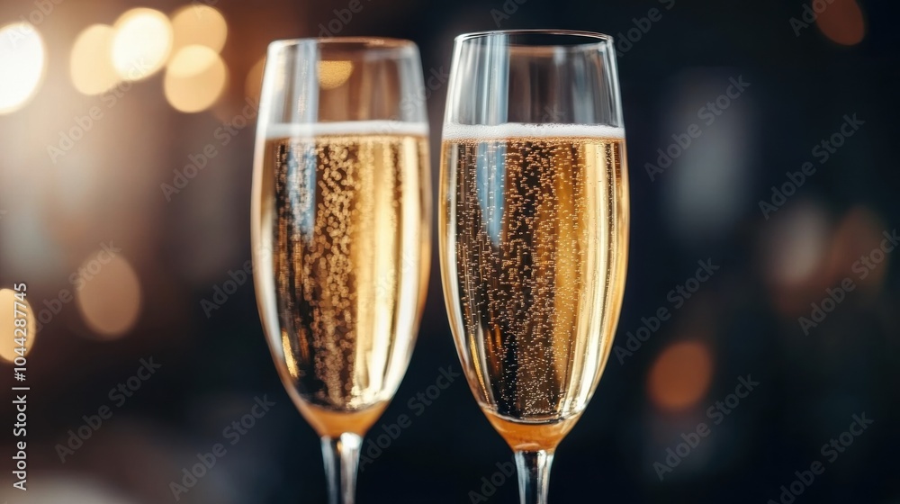 Two Glasses of Champagne Clinking Together in Celebration Two Glasses of Champagne Clinking Together in Celebration