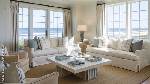 Coastal Beach A modern living room with large windows overlooking the ocean.