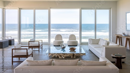 Coastal Beach Modern living room with white furniture and large windows overlooking the ocean.