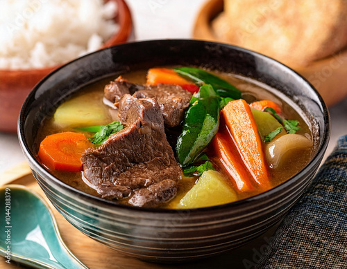 Traditional winter style beef stew with vegetables on a big bowl on table. Selective focus. photo