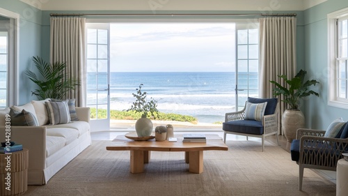 Coastal Beach Spacious living room with ocean view, white couch, blue armchair, and wooden coffee table.