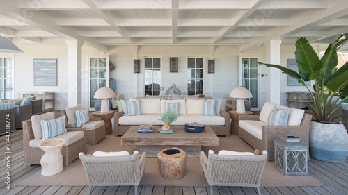 Coastal Beach Spacious patio with wicker furniture and a large wooden coffee table.