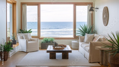 Coastal Beach Coastal living room with large windows offering an ocean view.
