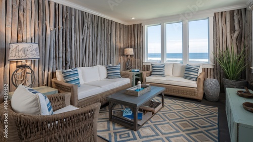 Coastal Beach A living room with a driftwood wall, white sofas, and a view of the ocean.
