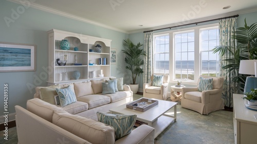 Coastal Beach A light and airy living room with a coastal decor, featuring a white sofa, two armchairs, a coffee table, a bookcase, and large windows with a view of the ocean.