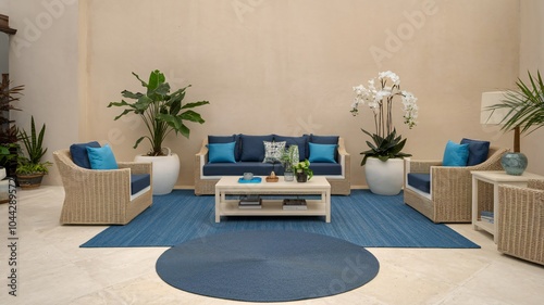 Coastal Beach A modern patio furniture set with blue and white cushions, a coffee table, and potted plants.