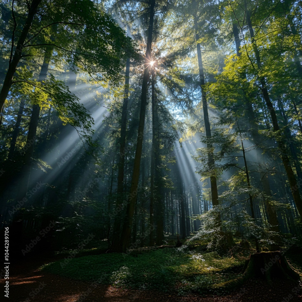 Fototapeta premium Magical forest clearing with rays of sunlight breaking through the trees