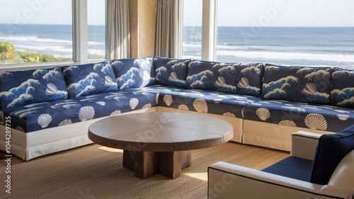 Coastal Beach Modern living room with sectional sofa, round coffee table, and ocean view.