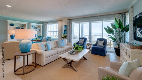 Coastal Beach A spacious living room with a large sofa, two armchairs, a coffee table, and a large window with a view of the ocean.