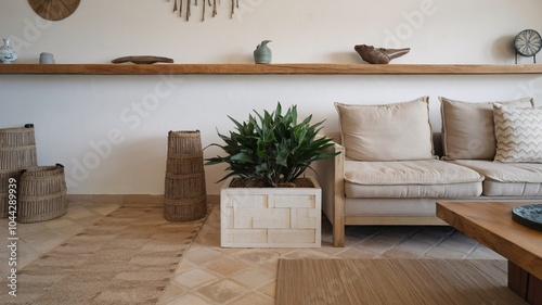 Coastal Beach Modern living room interior with a beige sofa, wooden coffee table, and a potted plant on the floor.