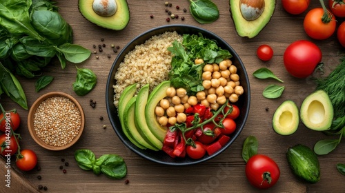 Vegetarian concept. A bowl of food with a variety of vegetables and nuts