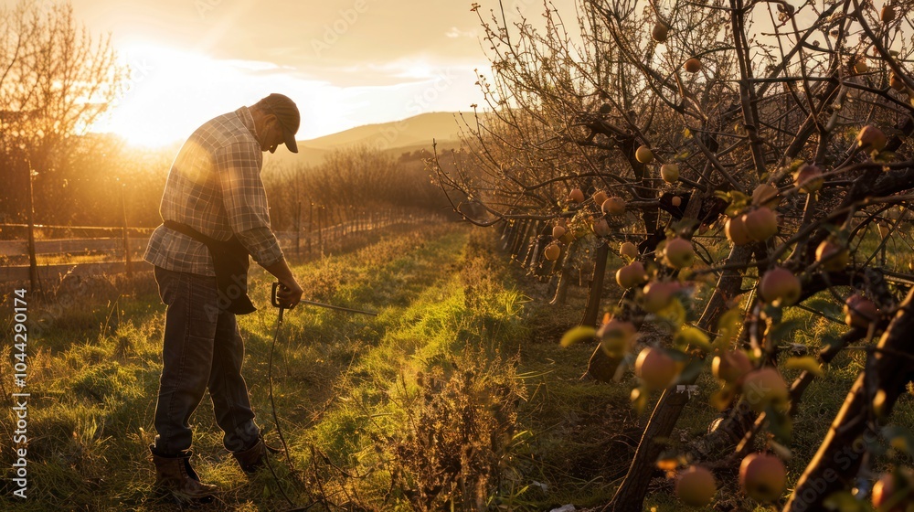 Fototapeta premium A Farmer Working in His Orchard at Sunset