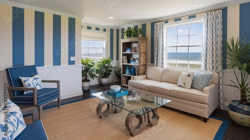 Coastal Beach A coastal-themed living room with a white couch, blue and white striped walls, and a view of the ocean.