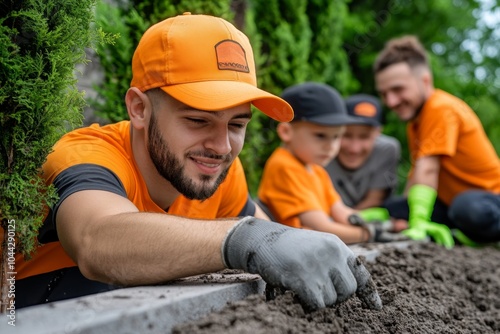 A family helping a neighbor rebuild after a storm, showing the strength of community and kindness in difficult times photo