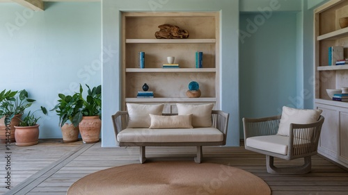 Coastal Beach A modern living room with a sofa, chair, and built-in bookshelves.