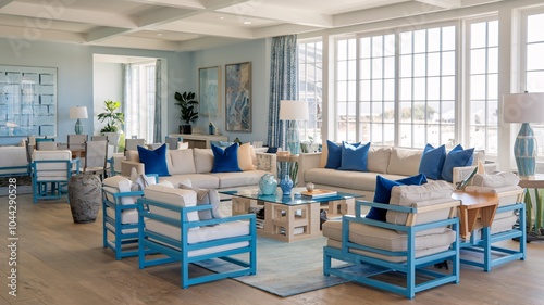 Coastal Beach A spacious and modern living room with a light blue color scheme, featuring a large window with a view of a sunny day, white couches, blue armchairs, and a coffee table.