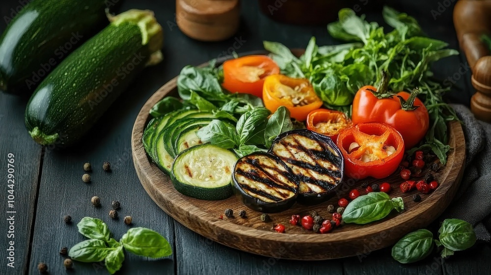Vegetarian concept. A plate of vegetables and grilled food with a wooden board Vegetarian concept. A plate of vegetables and grilled food with a wooden board