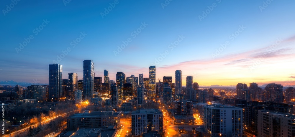 Obraz premium A panoramic view of a modern city skyline at sunrise.