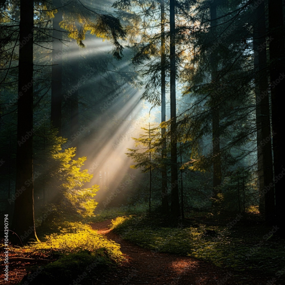 Obraz premium Magical forest clearing with rays of sunlight breaking through the trees