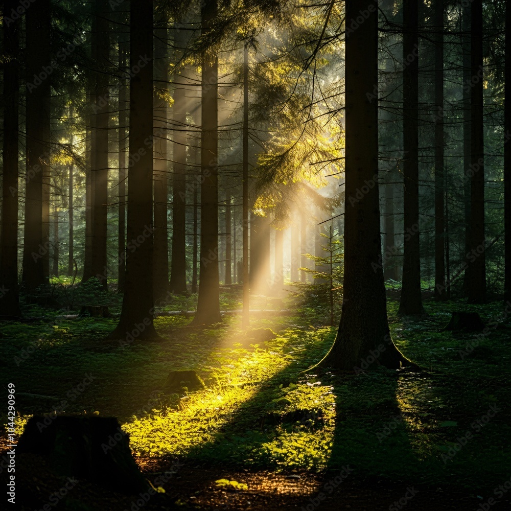 Obraz premium Magical forest clearing with rays of sunlight breaking through the trees