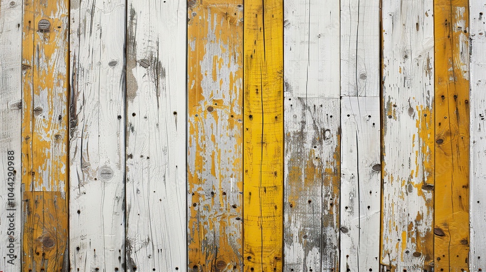 Rustic white and yellow painted wooden planks with a weathered texture surface Rustic white and yellow painted wooden planks with a weathered texture surface